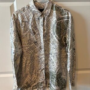 Burberry Map-Print Button-Up Shirt in White and Olive